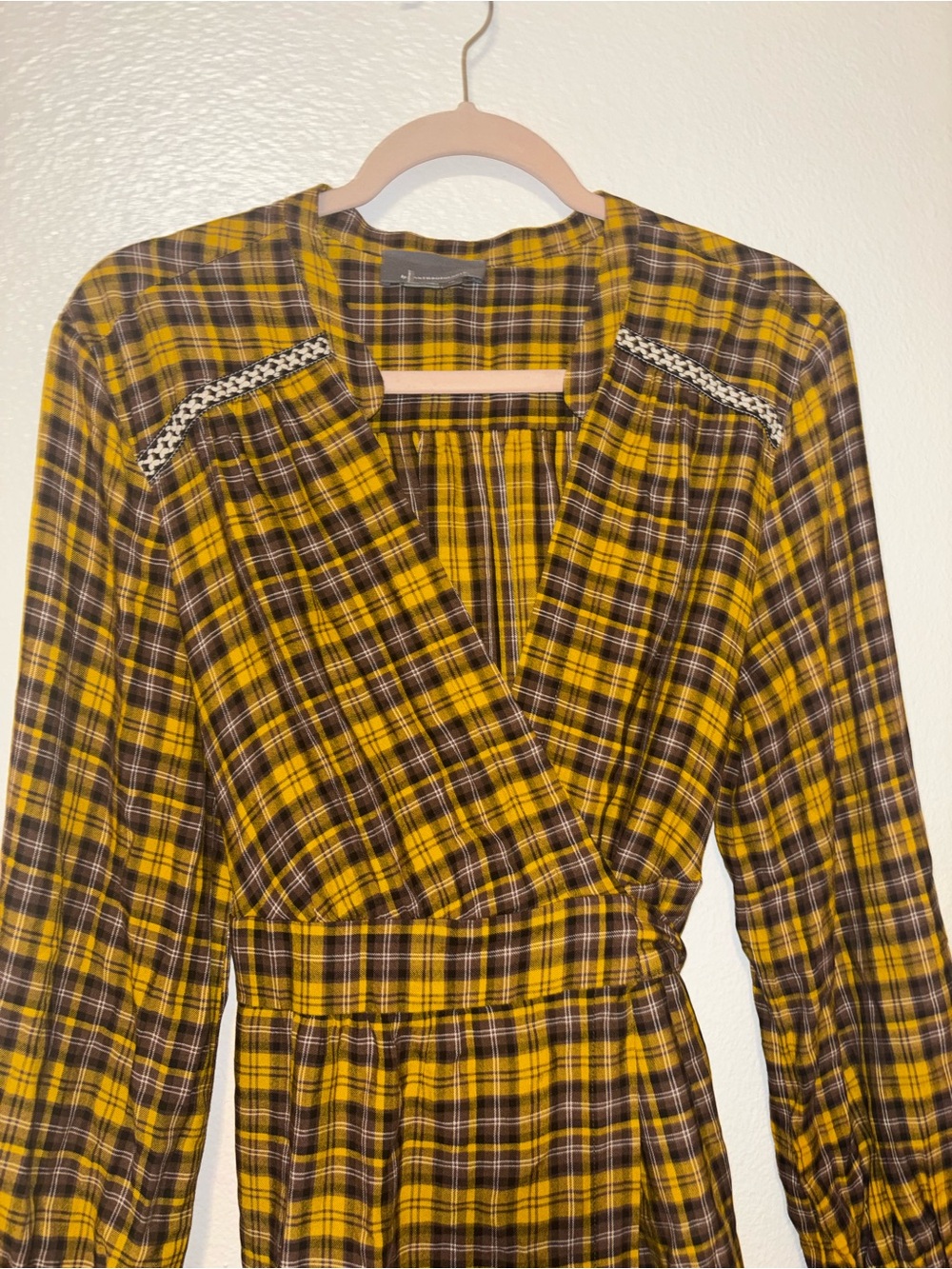 Anthropologie Dalton Wrap Dress Mustard Yellow Plaid Long Sleeve LP - Picture 3 of 9